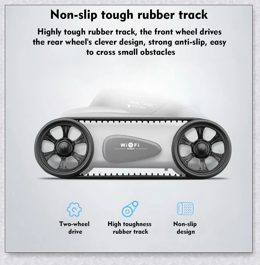 A compact, remote-controlled electric tank car with a high-quality camera for capturing stunning photos and live video