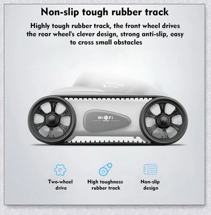 A compact, remote-controlled electric tank car with a high-quality camera for capturing stunning photos and live video