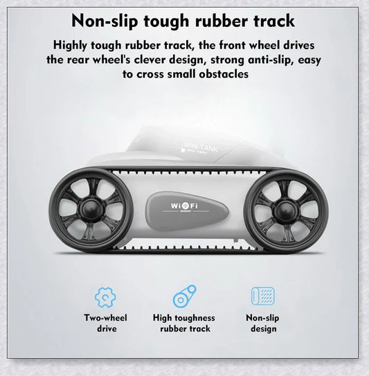 A compact, remote-controlled electric tank car with a high-quality camera for capturing stunning photos and live video