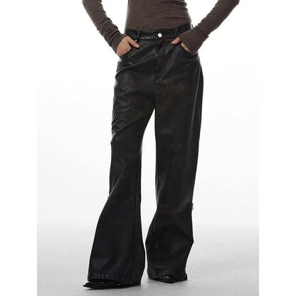 A pair of high-waist straight leg PU leather pants for women in a sleek black color