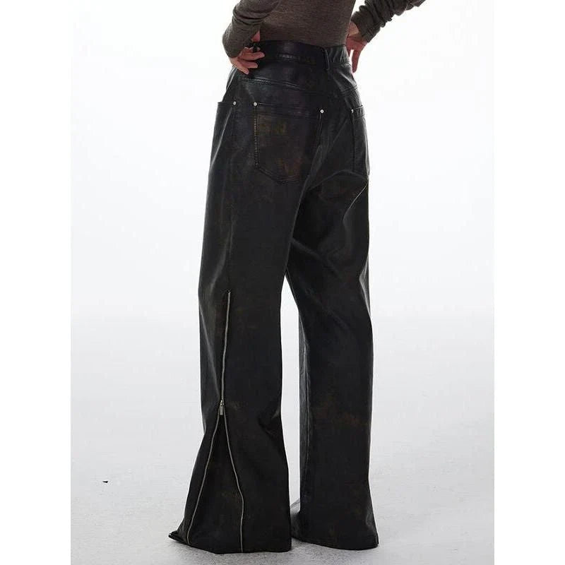 A pair of high-waist straight leg PU leather pants for women in a sleek black color