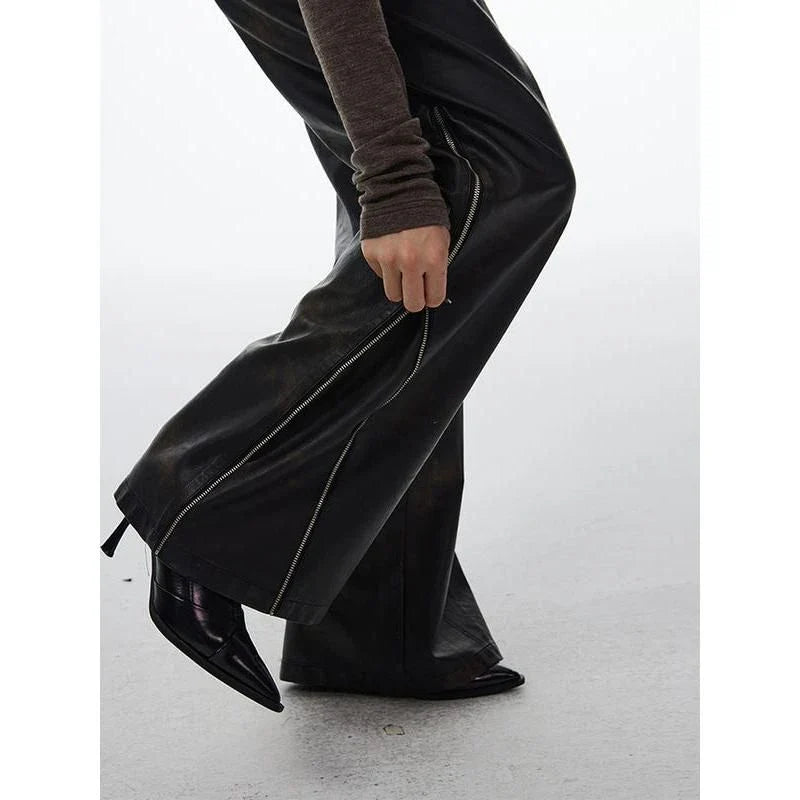 A pair of high-waist straight leg PU leather pants for women in a sleek black color