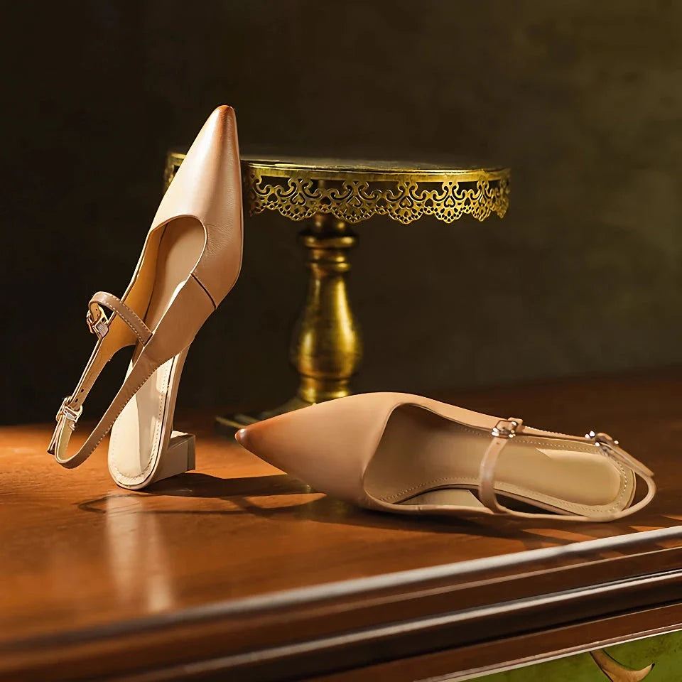 Luxurious genuine leather high heel sandals for women with a stylish square heel and buckle closure