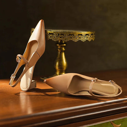 Luxurious genuine leather high heel sandals for women with a stylish square heel and buckle closure