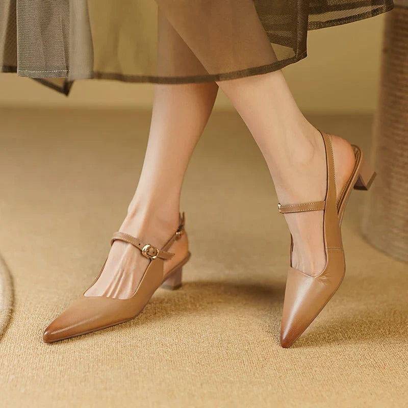 Luxurious genuine leather high heel sandals for women with a stylish square heel and buckle closure