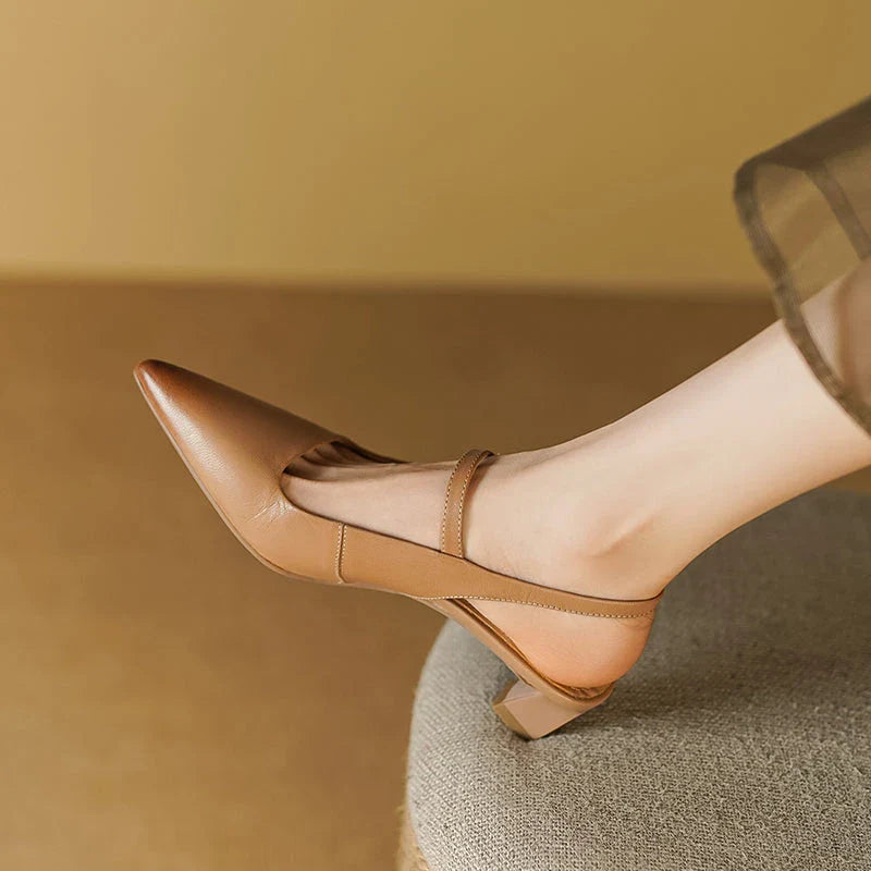 Luxurious genuine leather high heel sandals for women with a stylish square heel and buckle closure