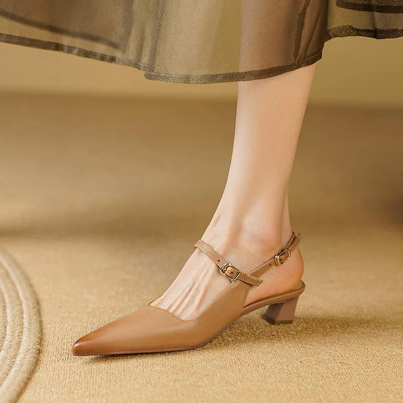 Luxurious genuine leather high heel sandals for women with a stylish square heel and buckle closure