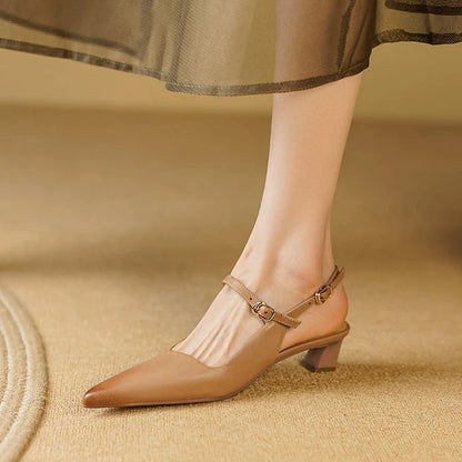 Luxurious genuine leather high heel sandals for women with a stylish square heel and buckle closure