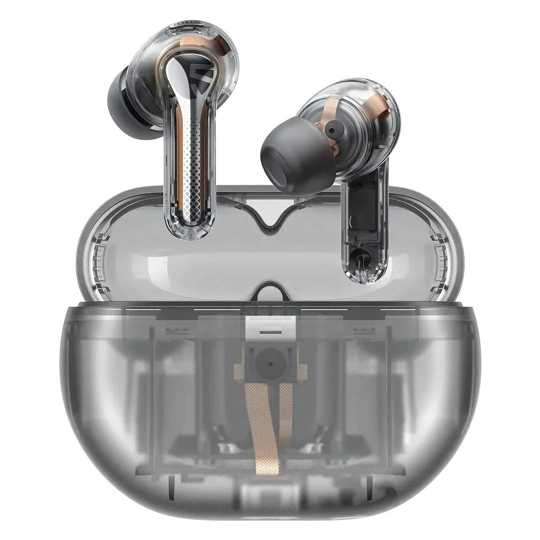 Pair of Hi-Res ANC Wireless Earbuds with charging case in transparent white color