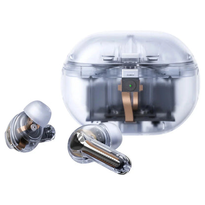 Pair of Hi-Res ANC Wireless Earbuds with charging case in transparent white color
