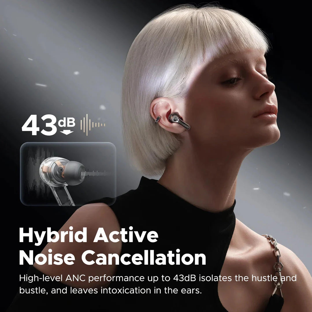 Pair of Hi-Res ANC Wireless Earbuds with charging case in transparent white color