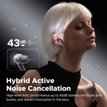 Pair of Hi-Res ANC Wireless Earbuds with charging case in transparent white color