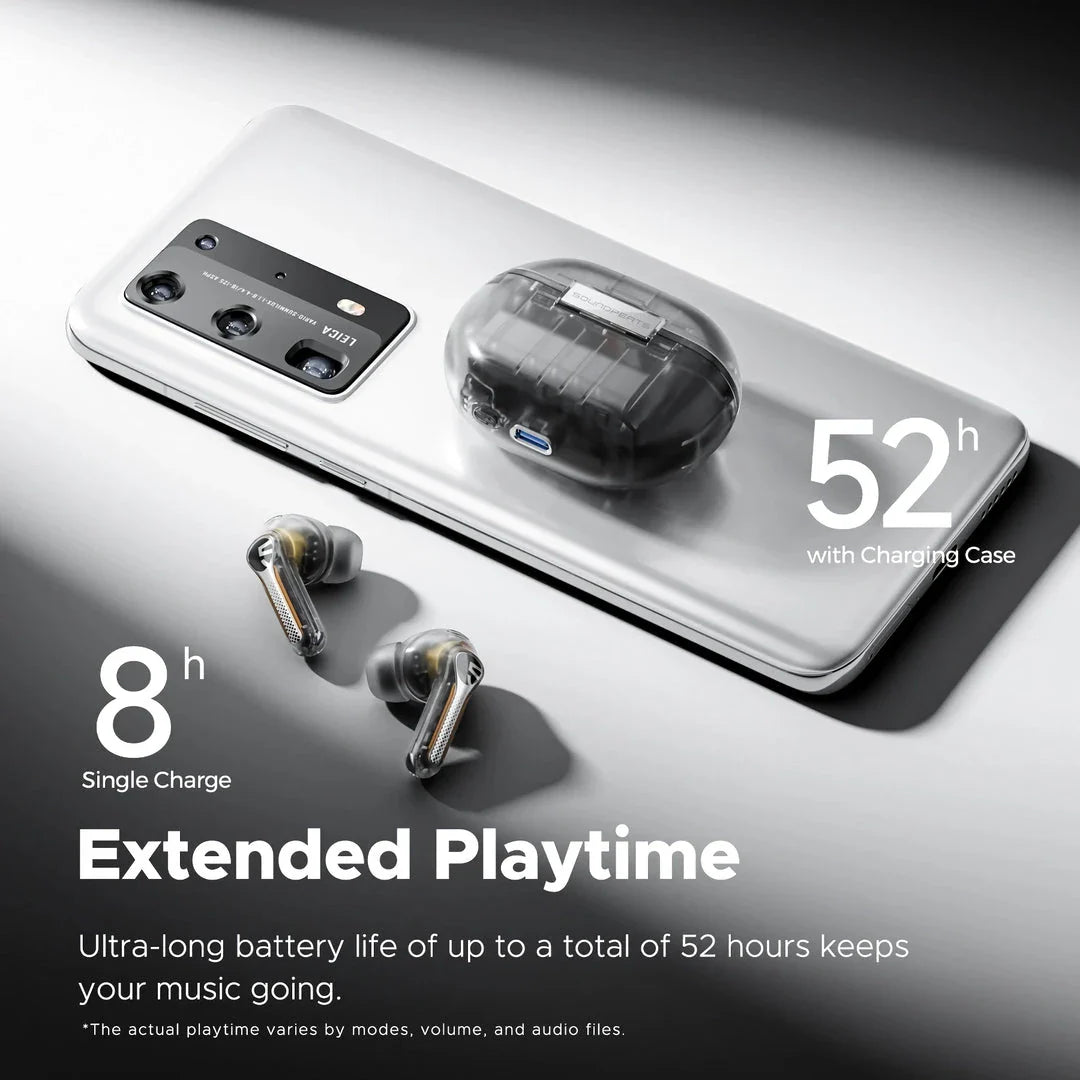 Pair of Hi-Res ANC Wireless Earbuds with charging case in transparent white color
