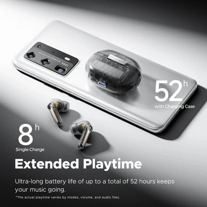 Pair of Hi-Res ANC Wireless Earbuds with charging case in transparent white color