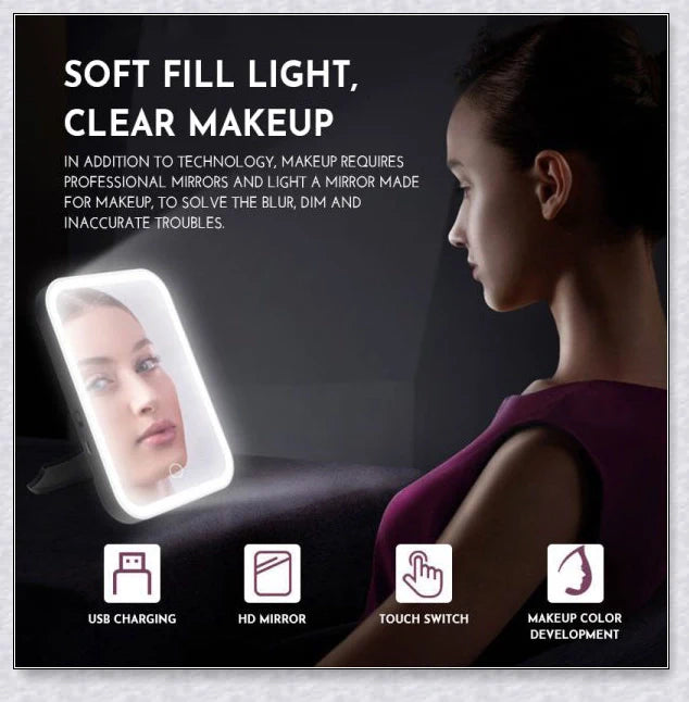 Smart makeup mirror with touch screen controls, adjustable brightness, and 45-degree rotation for flawless makeup on the go