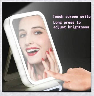 Smart makeup mirror with touch screen controls, adjustable brightness, and 45-degree rotation for flawless makeup on the go