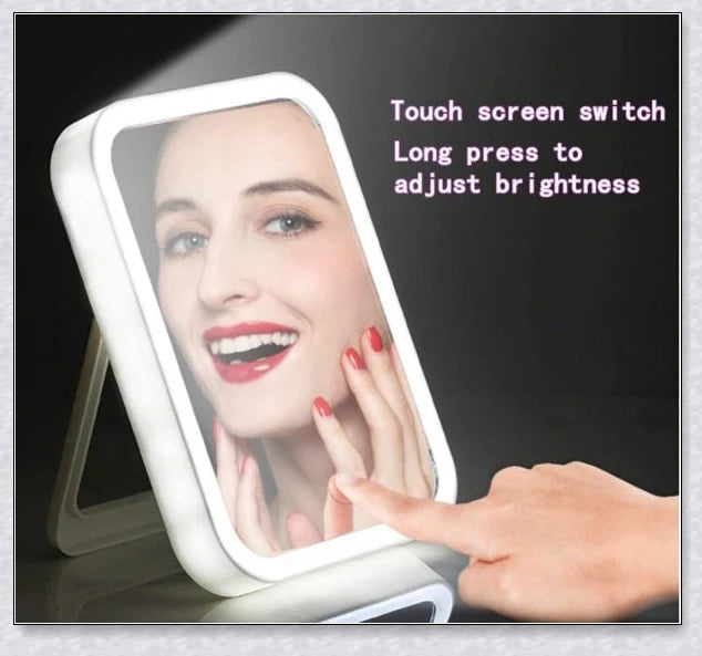 Smart makeup mirror with touch screen controls, adjustable brightness, and 45-degree rotation for flawless makeup on the go
