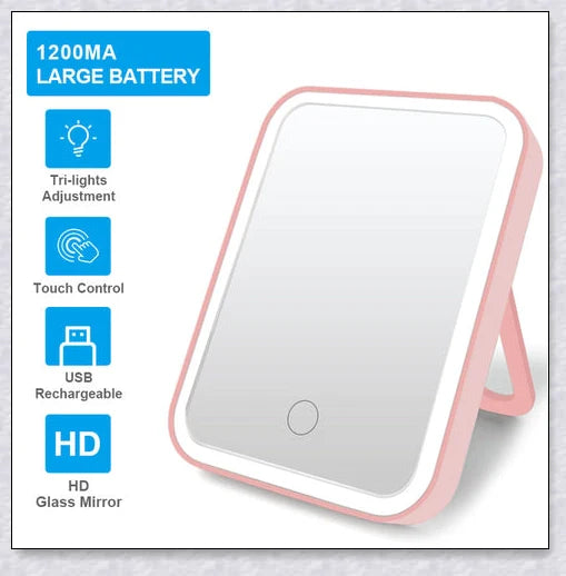 Smart makeup mirror with touch screen controls, adjustable brightness, and 45-degree rotation for flawless makeup on the go