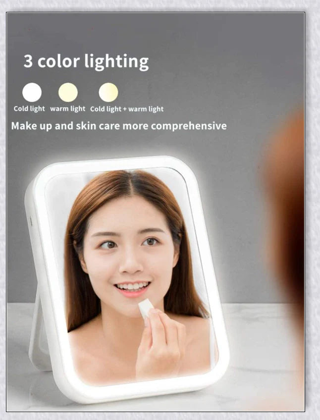 Smart makeup mirror with touch screen controls, adjustable brightness, and 45-degree rotation for flawless makeup on the go