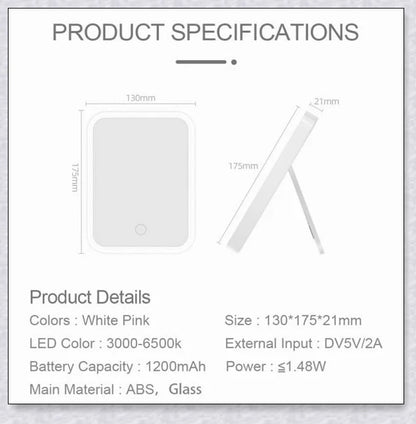 Smart makeup mirror with touch screen controls, adjustable brightness, and 45-degree rotation for flawless makeup on the go