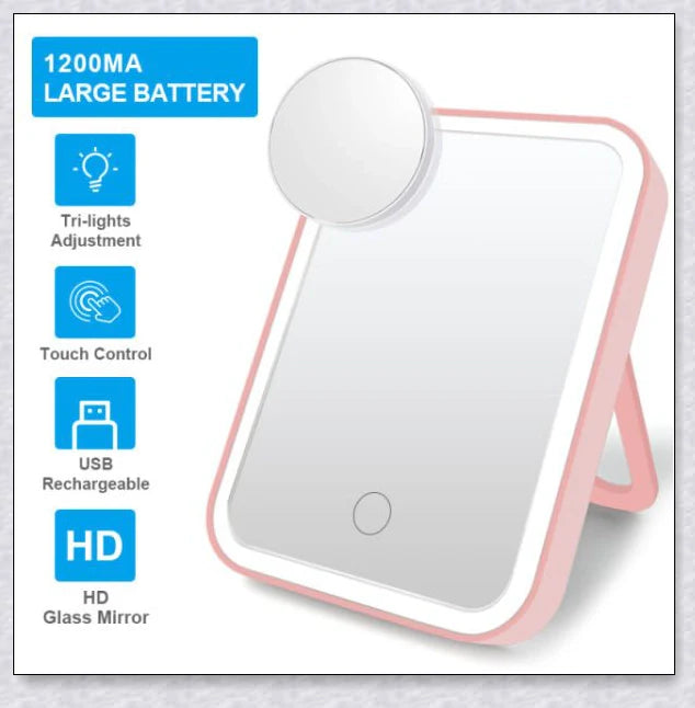 Smart makeup mirror with touch screen controls, adjustable brightness, and 45-degree rotation for flawless makeup on the go