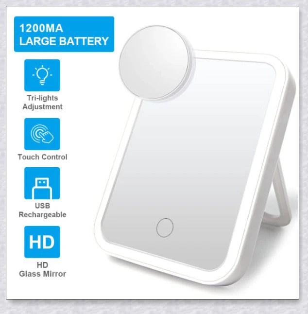 Smart makeup mirror with touch screen controls, adjustable brightness, and 45-degree rotation for flawless makeup on the go