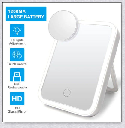 Smart makeup mirror with touch screen controls, adjustable brightness, and 45-degree rotation for flawless makeup on the go