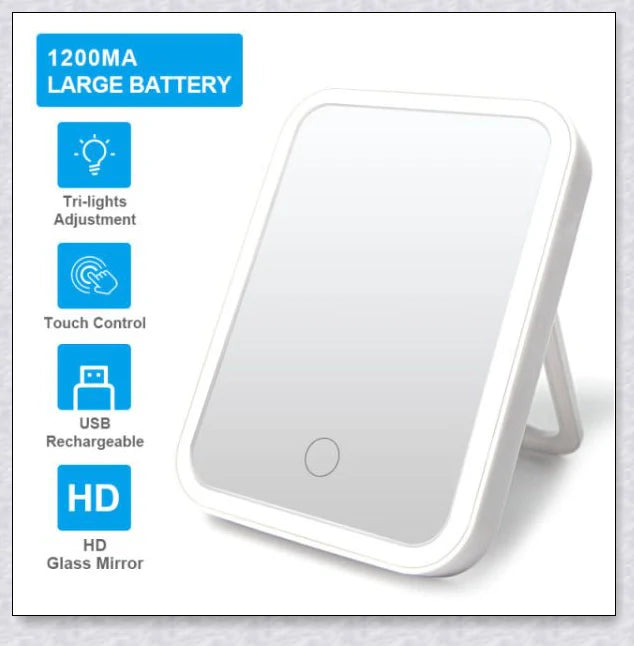 Smart makeup mirror with touch screen controls, adjustable brightness, and 45-degree rotation for flawless makeup on the go