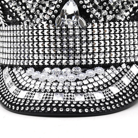 A stylish black hat with paillette and diamond embellishments, designed for versatile use from parties to photography