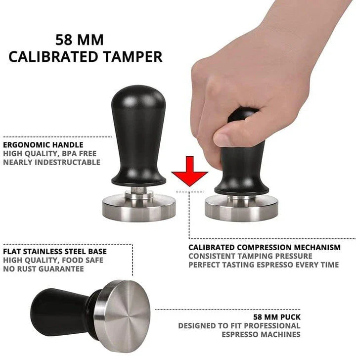 Premium metal coffee tamper with stainless steel construction and ergonomic design for consistent, high-quality espresso preparation