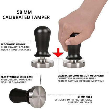 Premium metal coffee tamper with stainless steel construction and ergonomic design for consistent, high-quality espresso preparation
