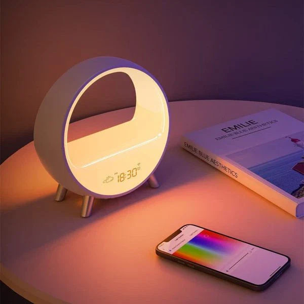 Atmosphere Lamp Bluetooth Speaker with customizable alarm, sound machine, ambient lighting, and weather display