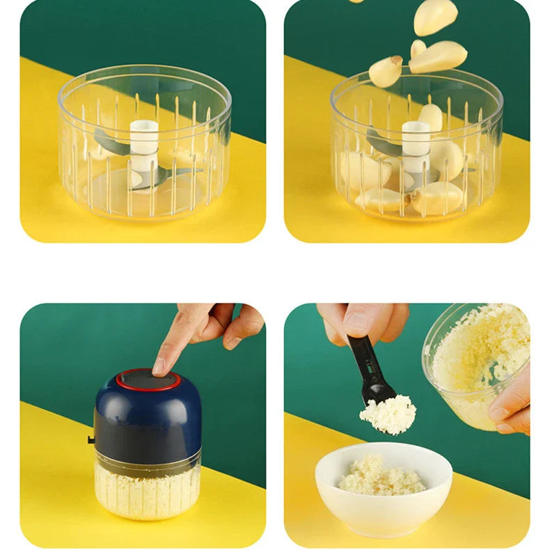Electric garlic masher in blue color with USB charging option