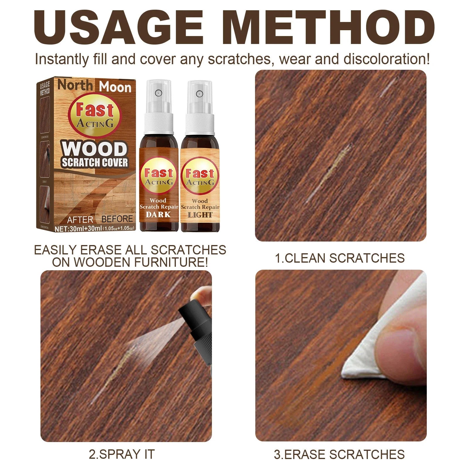 Fix It Wood Scratch Repair Spray - Instantly conceal scratches, nicks, and discoloration on wood furniture, floors, and more