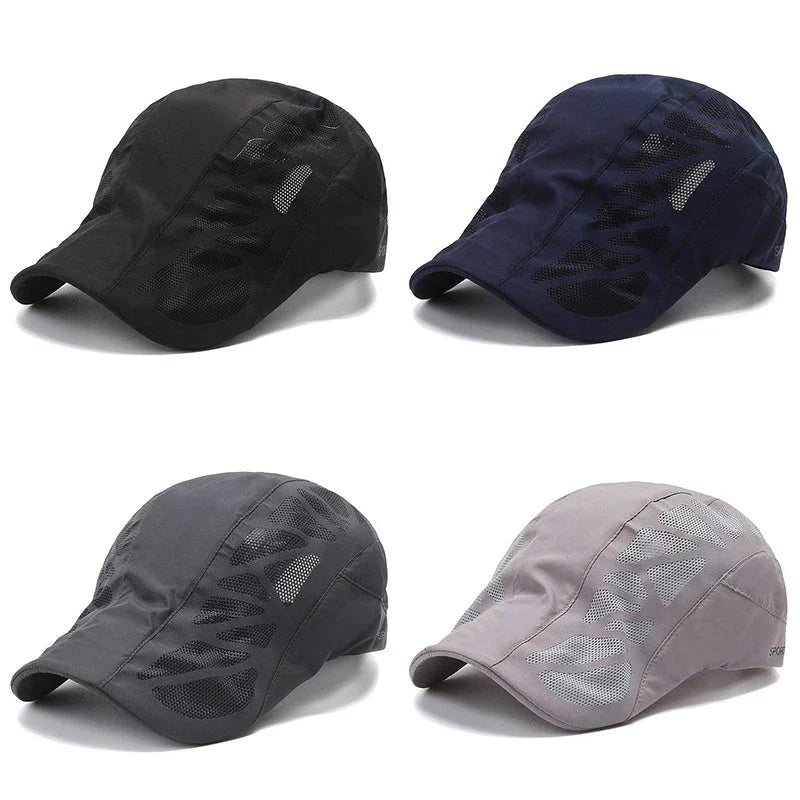 Breathable mesh summer beret cap in various colors, offering comfort and sun protection for outdoor activities