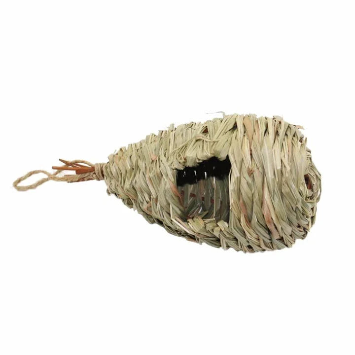 A natural straw bird nest designed to provide a cozy and secure environment for backyard birds to nest and thrive.