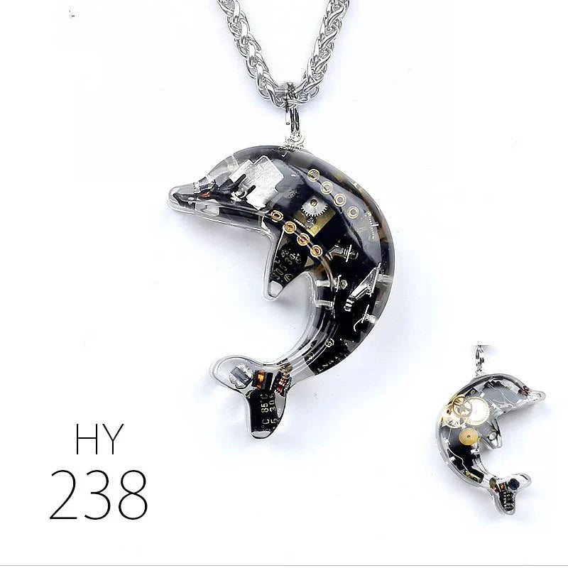 Dolphin Steampunk Electronic Pendant Necklace with intricate gears and mesmerizing lights