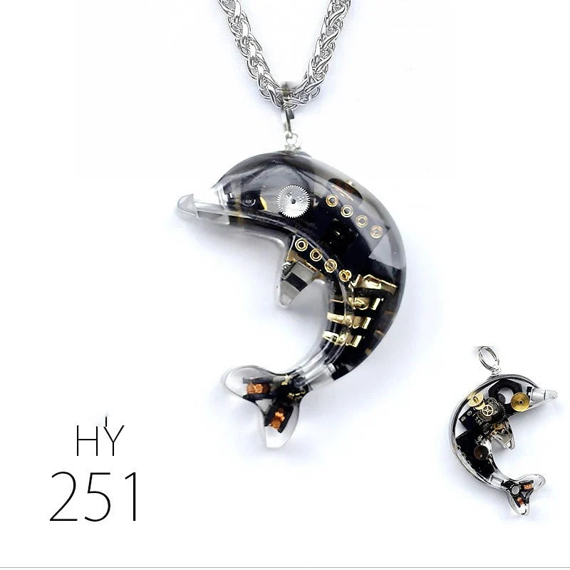 Dolphin Steampunk Electronic Pendant Necklace with intricate gears and mesmerizing lights