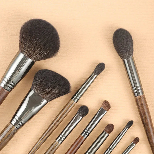 9-Piece Premium Makeup Brush Set with Soft Goat Hair Bristles and Ergonomic Wooden Handles