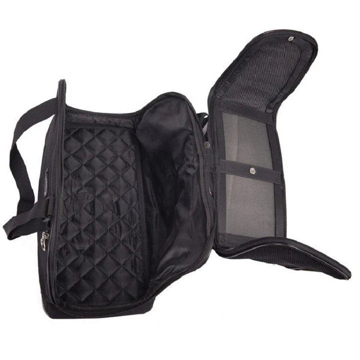 Fashionable waterproof nylon pet carrier with sturdy construction and breathable mesh panels for comfortable travel