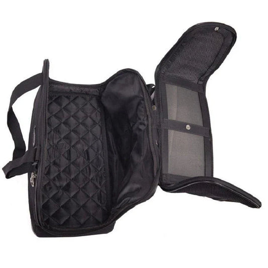 Fashionable waterproof nylon pet carrier with sturdy construction and breathable mesh panels for comfortable travel