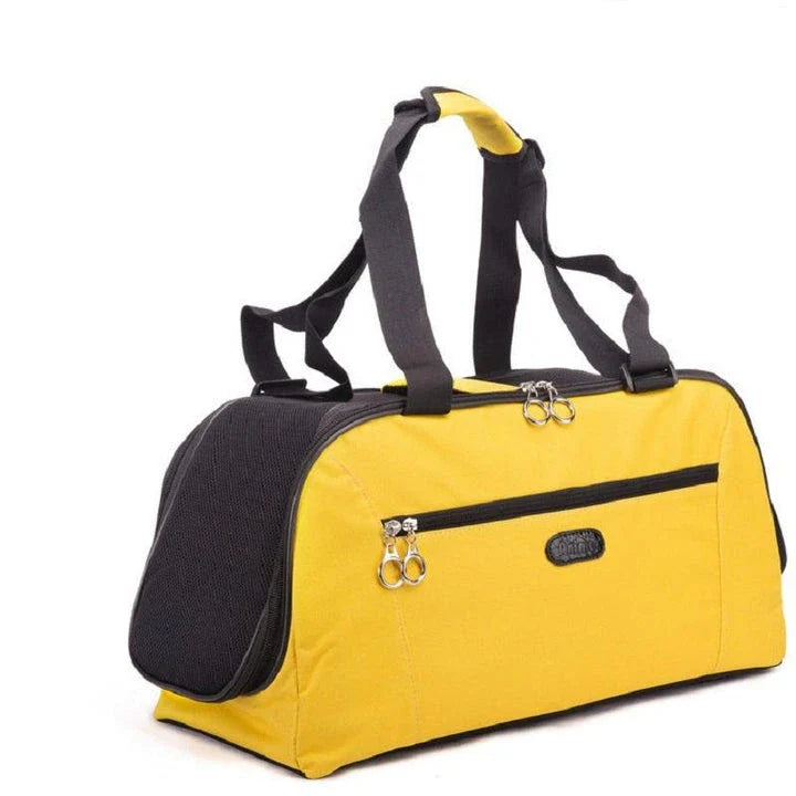 Fashionable waterproof nylon pet carrier with sturdy construction and breathable mesh panels for comfortable travel