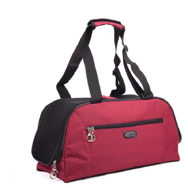 Fashionable waterproof nylon pet carrier with sturdy construction and breathable mesh panels for comfortable travel
