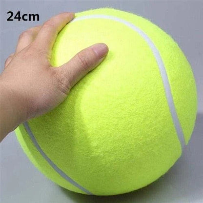 A giant-sized rubber tennis ball toy for dogs, designed to withstand enthusiastic play and promote dental health.