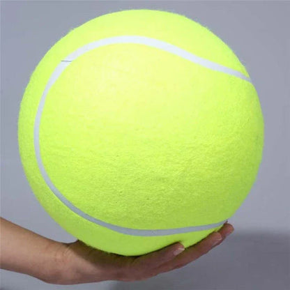 A giant-sized rubber tennis ball toy for dogs, designed to withstand enthusiastic play and promote dental health.