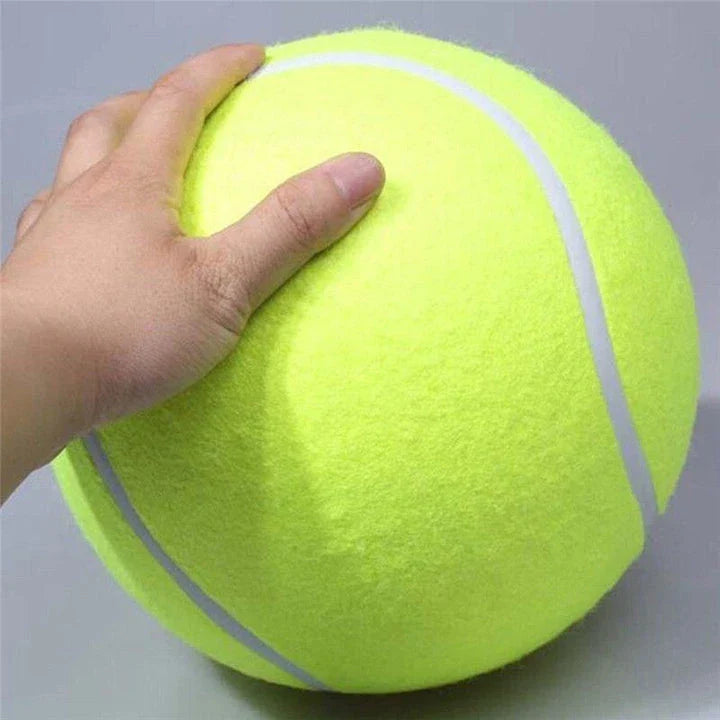 A giant-sized rubber tennis ball toy for dogs, designed to withstand enthusiastic play and promote dental health.