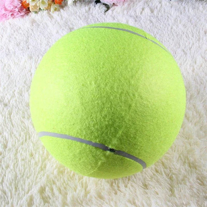 A giant-sized rubber tennis ball toy for dogs, designed to withstand enthusiastic play and promote dental health.