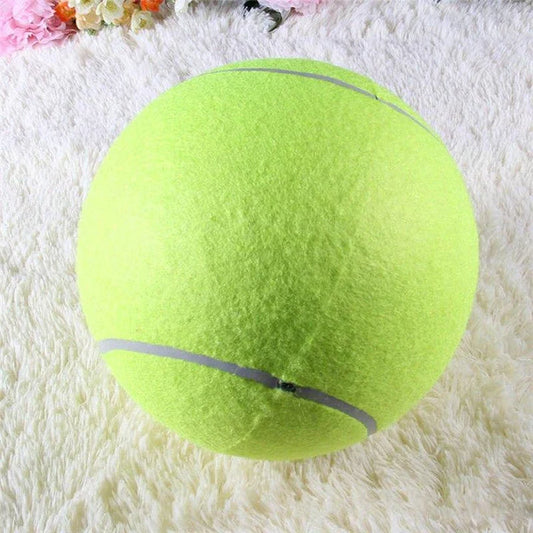 A giant-sized rubber tennis ball toy for dogs, designed to withstand enthusiastic play and promote dental health.