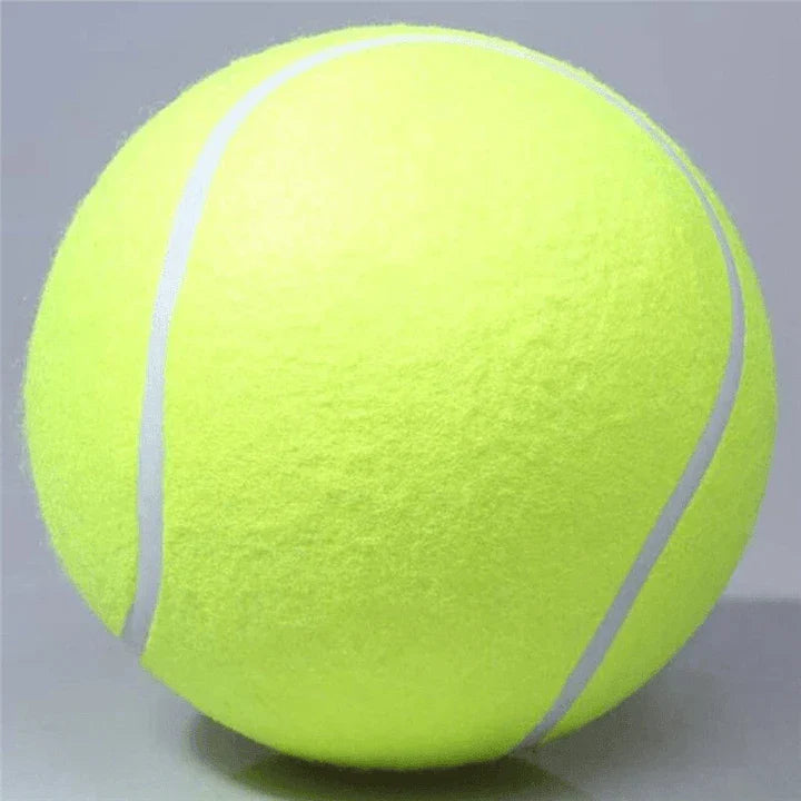 A giant-sized rubber tennis ball toy for dogs, designed to withstand enthusiastic play and promote dental health.