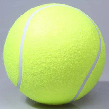 A giant-sized rubber tennis ball toy for dogs, designed to withstand enthusiastic play and promote dental health.